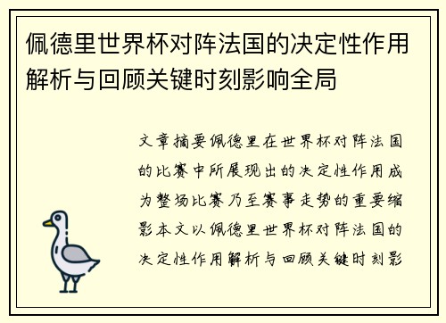 佩德里世界杯对阵法国的决定性作用解析与回顾关键时刻影响全局